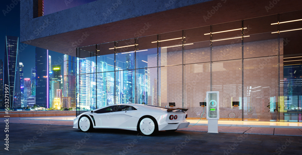 Modern building exterior and brandless electric EV concept car with my own creative design. 3d rendering
