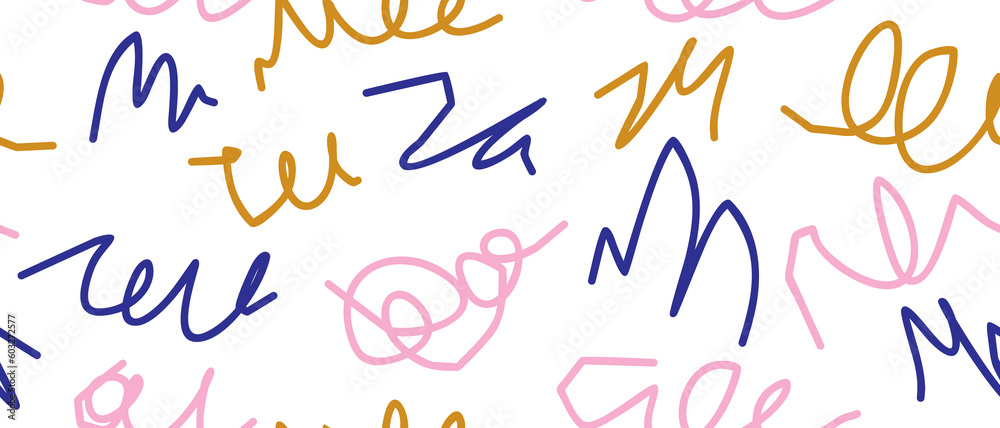 Hand Drawn Irregular Geometric Seamless Vector Pattern. Light Pink, Golden Orange, Royal Blue Swirls, Lines and Dabs Isolated on a White Background. Simple Abstract Doodles Repeatable Design. Hand Drawn Irregular Geometric Seamless Vector Pattern. Light Pink, Golden Orange, Royal Blue Swirls, Lines and Dabs Isolated on a White Background. Simple Abstract Doodles Repeatable Design.