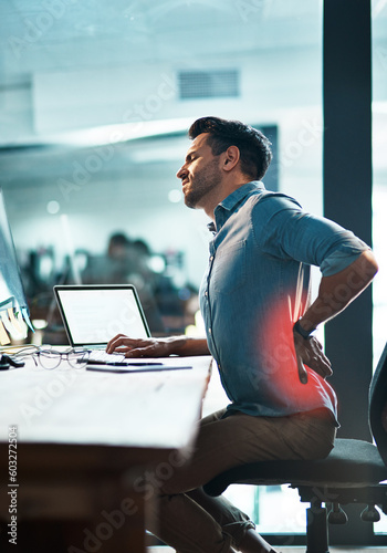 Red back pain, stress and business man with muscle injury, health risk and fatigue in desk chair. Uncomfortable employee with spine problem, bad posture and injured body from anxiety, burnout or sick photo