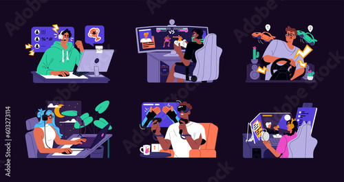 Gamers at computers, gaming set. People playing video games online, streaming. Videogame players, adult men, women in headsets and controllers at PC. Isolated flat graphic vector illustrations