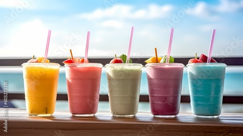 Assortment of fruit smoothies against a beach background. Generative AI