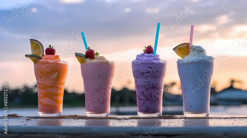 Assortment of fruit smoothies against a beach background. Generative AI