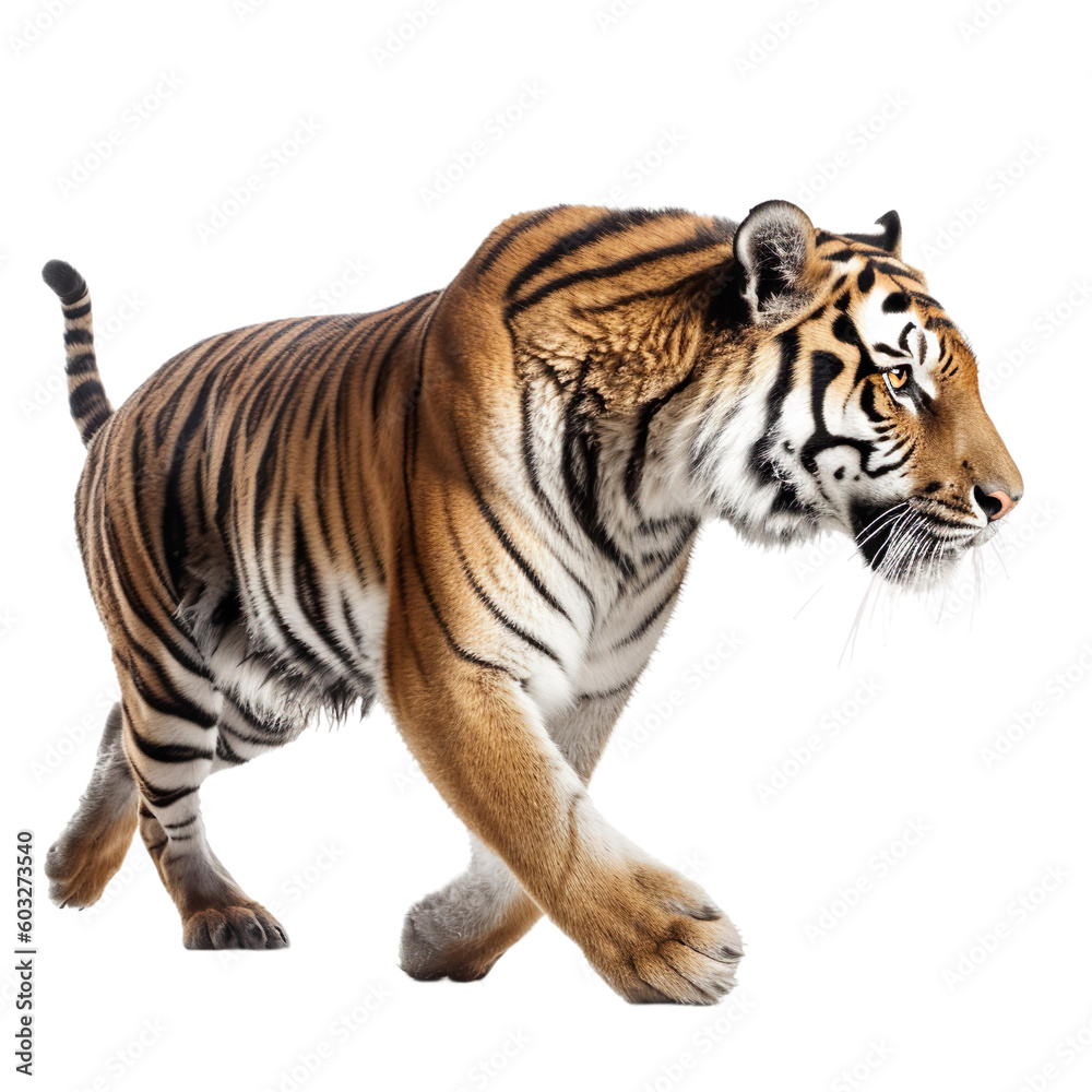 side view of animal tiger running on transparent background, Generative Ai