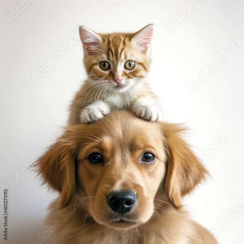 Two Adorable Red-haired Puppies, Cat on Dog's Head, Posing for Camera, Isolated on White, Generative AI