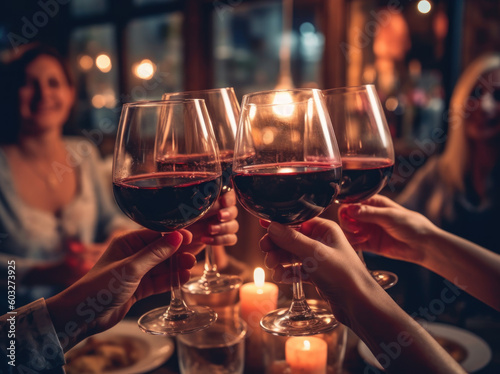 Group of Friends or Family Toasting with Red Wine Glasses to Celebrate an Event, Generative AI