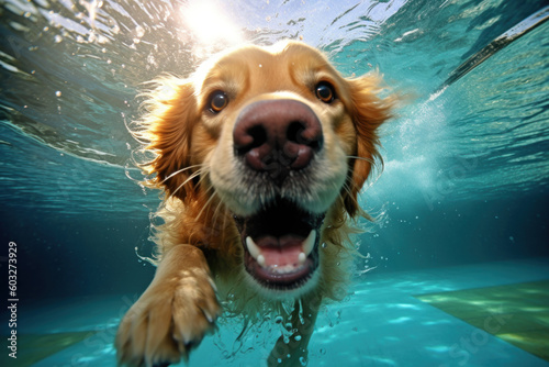 Funny Golden Retriever Swimming Underwater, Capturing Playful Canine Activity, Generative AI