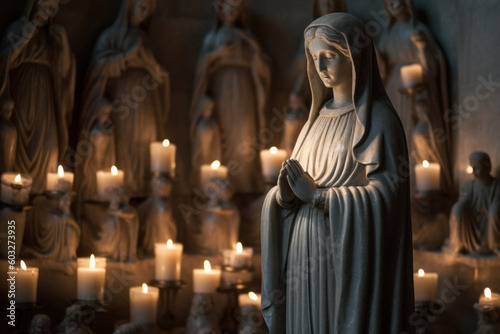 Statue of Mary with Candles Aligned in a Sanctuary, Symbolizing Faith and Prayer, Generative AI