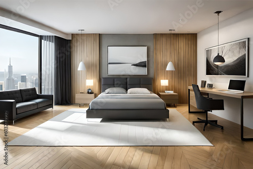 Interior design of a minimalist bedroom with luxurious fabrics, light colors, and big glass windows that exudes tranquility and simplicity | Generative AI