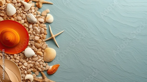 Beach background with summer hat and seashells with negative copy space on the light blue cloth - generative ai