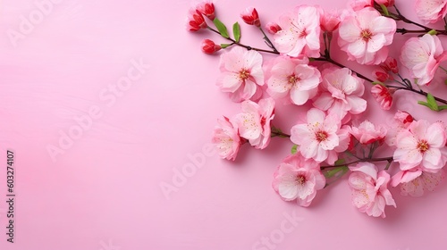 Top view image of pink flowers composition over pastel pink background - generative ai