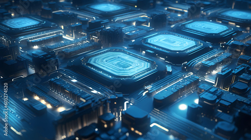 A close up of a microchip/circuit board showing the interconnectiveness of technology. Generated via AI.