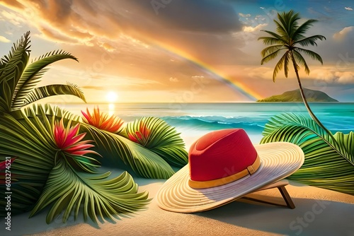 Beautiful summer vacation holidays. sea beach with palm tree leaves & various colorful flower background, rainbow shining this hot sunny time.  cap, sunglass on tropical island 