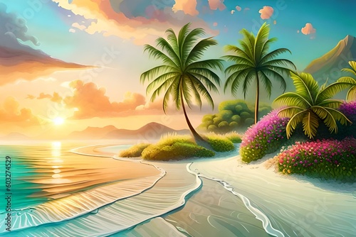 Beautiful summer vacation holidays, sea beach with palm tree leaves & various colorful flower background, rainbow shining this hot sunny time  © SMshuvo