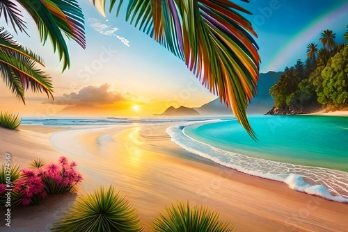 Beautiful summer vacation holidays  sea beach with palm tree leaves   various colorful flower background  rainbow shining this hot sunny time 