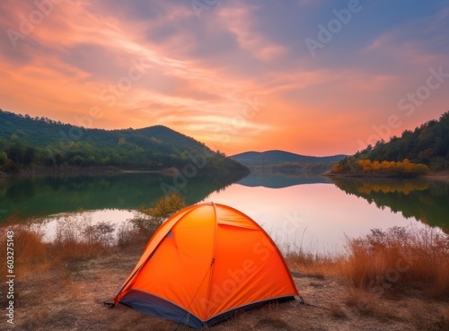 tourist lit tent by the lake at sunset. Dramatic sky. Orange lit inside the tent and a fire over the misty river at sunset. Dramatic sunset. Summer landscape. created with Generative AI technology © lililia