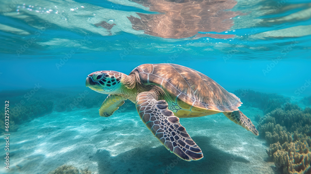 Obraz premium Giant turtle in the ocean. The Maldives island. Generative AI