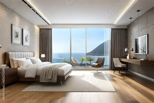 Interior design of a minimalist bedroom with luxurious fabrics  light colors  and big glass windows that exudes tranquility and simplicity   Generative AI