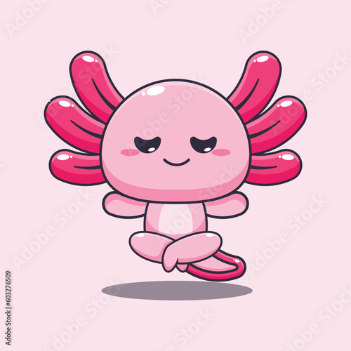 axolotl doing meditation yoga cartoon vector illustration.