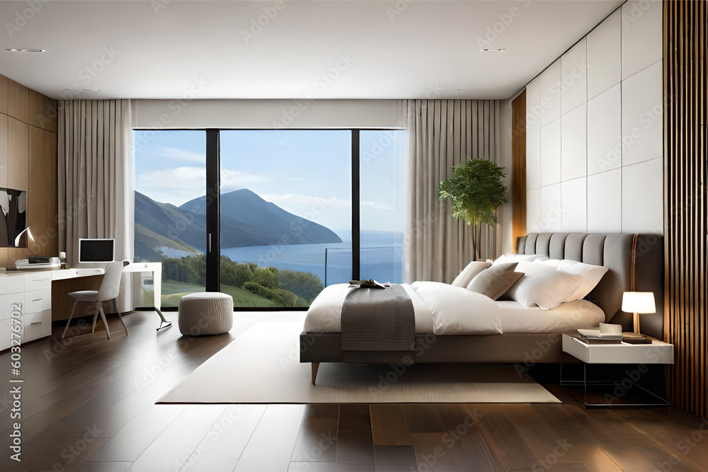 Interior design of a minimalist bedroom with luxurious fabrics, light colors, and big glass windows that exudes tranquility and simplicity | Generative AI Interior design of a minimalist bedroom with luxurious fabrics, light colors, and big glass windows that exudes tranquility and simplicity | Generative AI