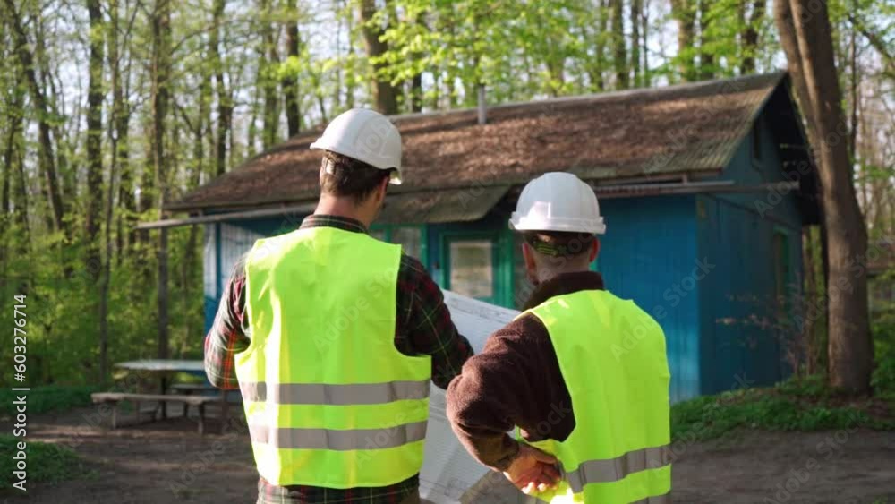Architect and engineer discussing a plan to build a country house