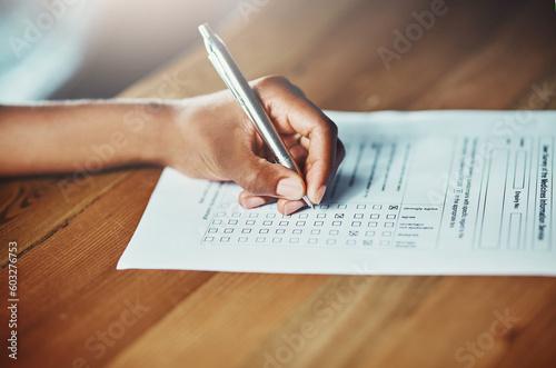 Checklist, hand and pen writing on document for legal contract, loan application or insurance agreement. Person, paperwork and information survey for documentation, policy compliance or data report