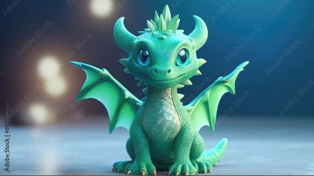 Green baby dragon in cartoon style. Generative AI Green baby dragon in cartoon style. Generative AI