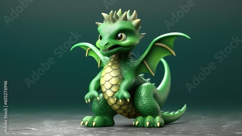 Small dragon in cartoon style on a neutral green background. Generative AI