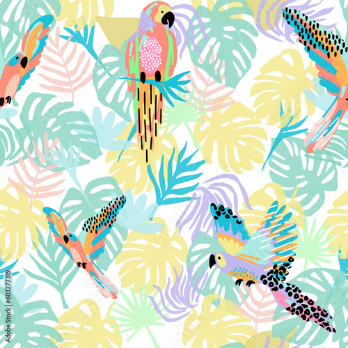pattern of a tropical artwork  with multicolored hand drawn elements  wallpaper of tropical dark green leaves of palm trees and flowers bird of paradise