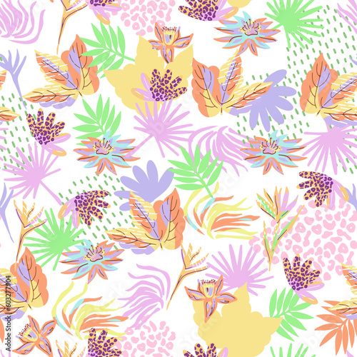 pattern of a tropical artwork  with multicolored hand drawn elements