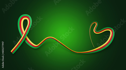 3d Flag Of Cameroon Heart Shaped Wavy Awareness Ribbon flag On Green Background, 3d illustration