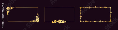 Rectangle gold floral frame set. Luxury golden borders for invitation, card, wedding, certificate. Vector art with flowers and leaves.