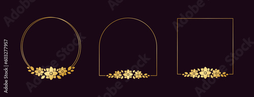 Gold geometric floral frame template set. Luxury golden frame border for invite, wedding, certificate. Vector art with flowers and leaves.