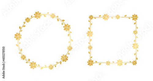 Gold geometric floral frame template set. Luxury golden frame border for invite, wedding, certificate. Vector art with flowers and leaves.