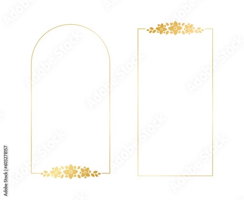 Geometric vertical gold floral frame collection set. Luxury golden frame border for invite, wedding, certificate. Vector art with flowers and leaves.