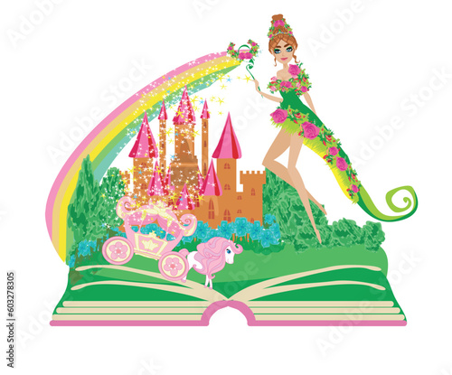 Illustration of a fairy and enchanted carriage  appearing from the book