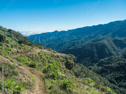 Scenic green landscape in Garajonay National Park with narrow footpath., hiking trail from the Mirador de Roque Agando to La Laja on La Gomera, Canary Islands, Spain, Europe.