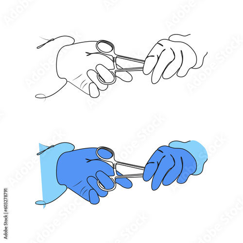 Assistant's gloved hand giving instrument to surgeon. Line art. Surgery and emergency concept. Vector illustration.