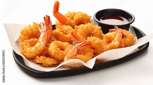 Fried shrimp on a platter with hot sauce on white background. Generative AI.