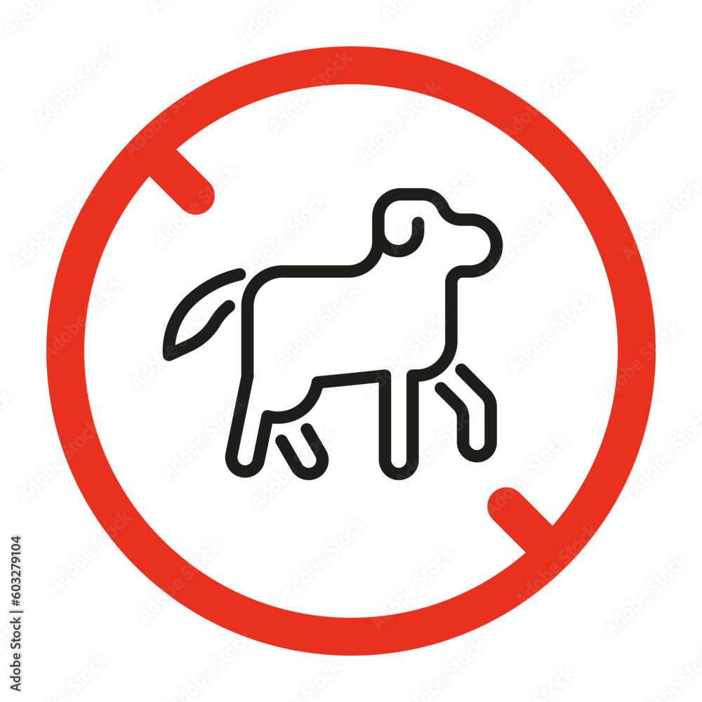 Dog pet forbidden, sign prohibition animal. No dogs allowed. Canine in red restriction circle. Vector Dog pet forbidden, sign prohibition animal. No dogs allowed. Canine in red restriction circle. Vector