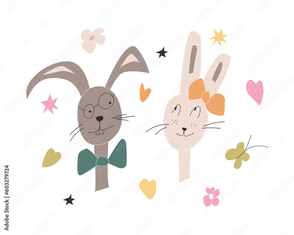 Illustration with funny bunnies on a white background. The poster is hand drawn, cartoon style. Idea for greeting posters and card, Valentine's Day. Illustration with funny bunnies on a white background. The poster is hand drawn, cartoon style. Idea for greeting posters and card, Valentine's Day.