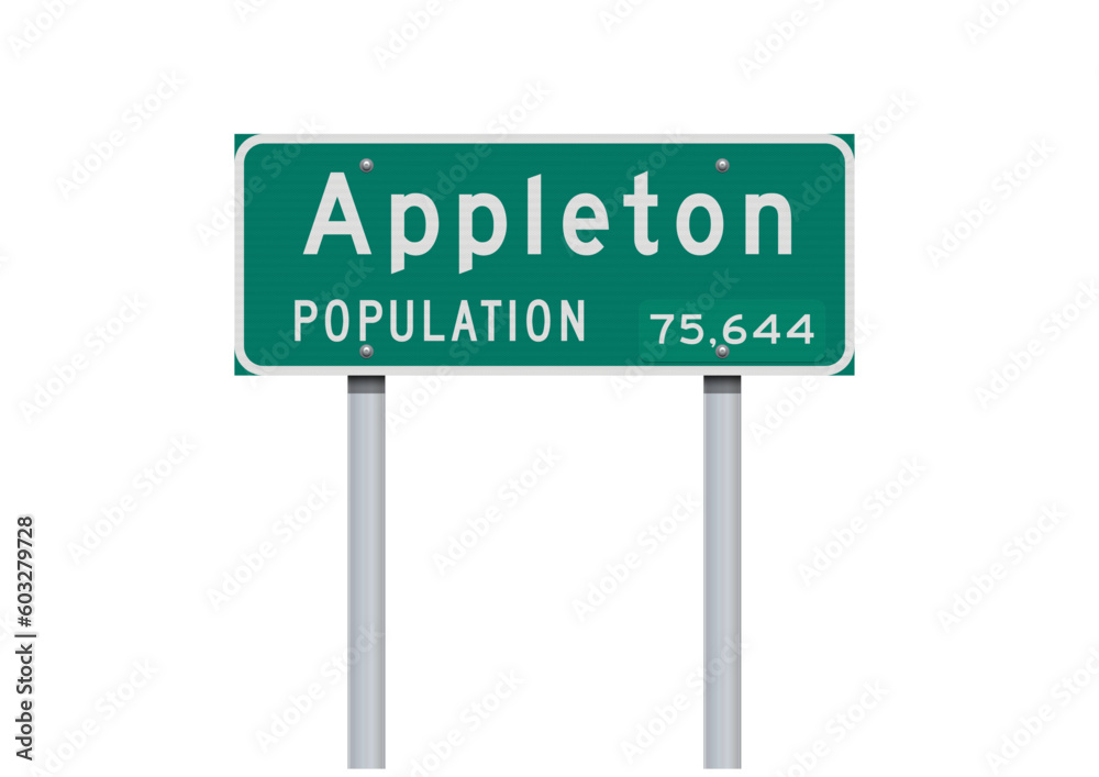 Vector illustration of the Appleton (Wisconsin) City Limit green road sign on metallic posts