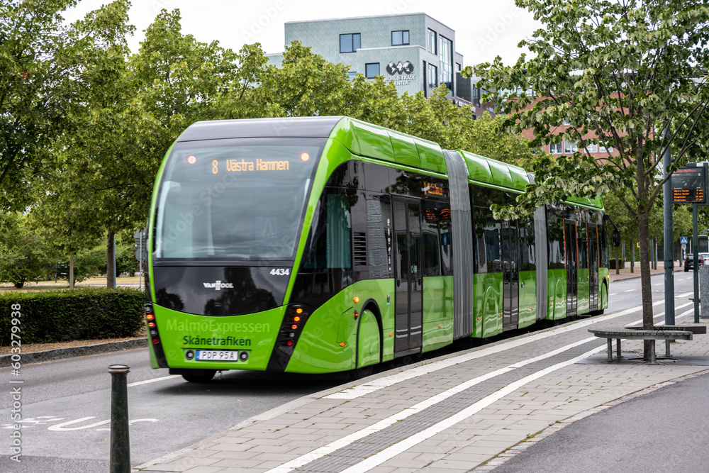Fotka „Malmö, Sweden - July 09 2022: Green Van Hool Exqui.City bus ...