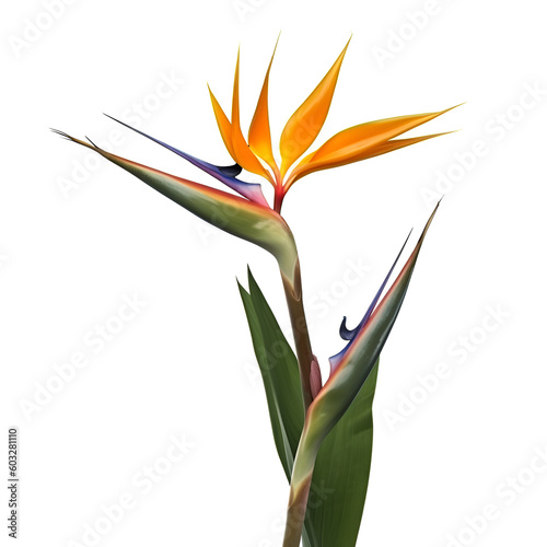 Bouquet of bird of paradise Strelitzia reginae flower plant with leaves isolated on white background. Flat lay, top view. macro closeup