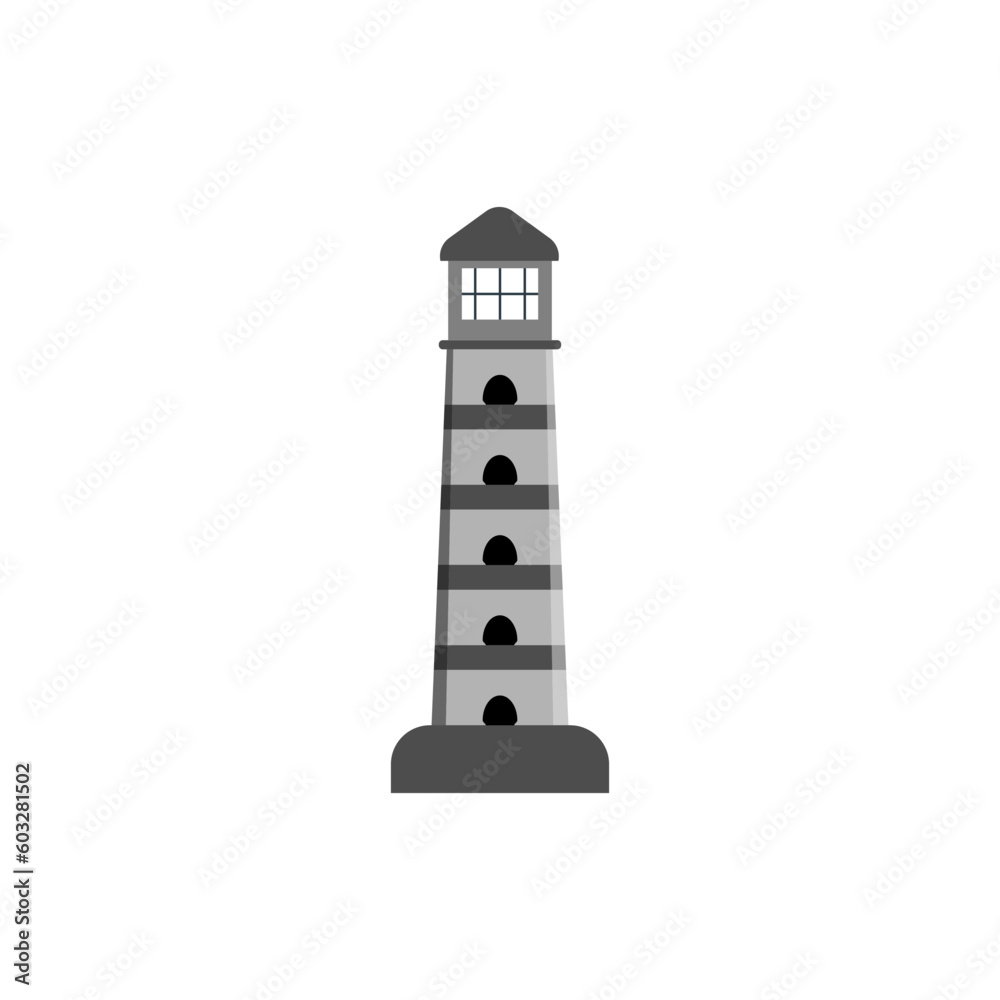 Lighthouse, tower for signal beacon. Building on sea coast landscape. Element in simple flat style. Sign of lighthouse for safety and tourism. Vector Lighthouse, tower for signal beacon. Building on sea coast landscape. Element in simple flat style. Sign of lighthouse for safety and tourism. Vector