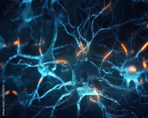 Neurons cells with glowing light. Neuroscience. Generative AI