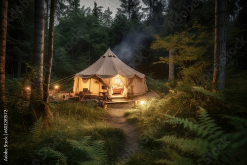 Sleep Tourism, Sleep Spa hotel glamping. Rest and sleep in a quiet and peaceful secluded glamping campsite in the forest. AI generative © irissca