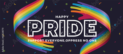 Happy Pride month, support everyone oppress no one - text on waving rainbow LGBTQ pride flags texture background vector design