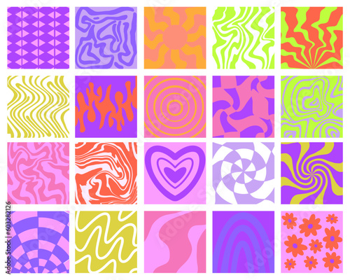 Groovy hippie posters. Set vector cards in trendy retro psychedelic cartoon style. Vector backgrounds. Good vibes.