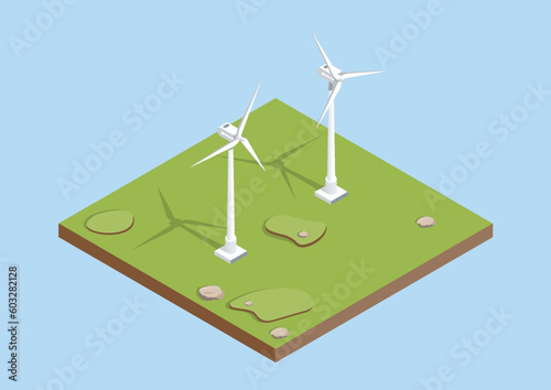 Wind turbines. Wind energy. Eco energy. Isometric vector.