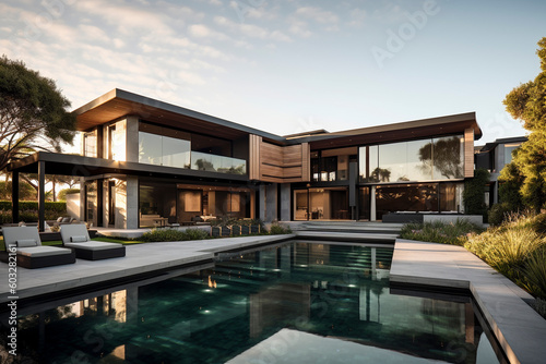 Tranquil Retreat: Stylish Living Space and Captivating Pool Area - Generative Ai